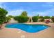 Refreshing pool featuring a unique shape, brick trim, and lush landscaping for ultimate relaxation at 17718 N Desert Flower Trl, Surprise, AZ 85374