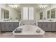 Bright bathroom featuring dual sinks, a soaking tub, and stylish gray cabinetry for a modern feel at 11844 W Nadine Way, Peoria, AZ 85383