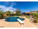 Backyard oasis showcasing a large pool, diving board, lush landscaping and patio seating at 29506 N 21St Ave, Phoenix, AZ 85085
