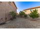 Backyard features desert landscaping, mature trees, and an outdoor shower between neighboring buildings at 1179 E Regent Dr, Gilbert, AZ 85298