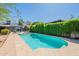 Backyard swimming pool surrounded by a concrete patio and lush green landscaping with a clear blue sky above at 1712 E Montebello Ave, Phoenix, AZ 85016
