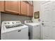 Laundry room area with wooden cabinetry above a modern washer and dryer unit at 26145 W Runion Dr, Buckeye, AZ 85396