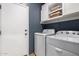 Well-equipped laundry room featuring a washer, dryer, shelving and storage space at 1170 E Jardin Dr, Casa Grande, AZ 85122