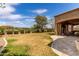 Landscaped backyard featuring a covered patio area with string lights, perfect for outdoor dining at 23126 N 45Th Pl, Phoenix, AZ 85050