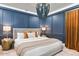 Beautiful main bedroom with a bed, modern decor, and blue paneled walls at 8734 E Amelia Ave, Scottsdale, AZ 85251