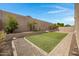 Desert backyard featuring a plush artificial lawn, privacy walls and desert landscaping at 10743 W Bronco Trl, Peoria, AZ 85383