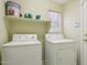 Well-lit laundry room featuring a washer, dryer, storage shelf, and fresh paint cans at 20734 N 38Th St, Phoenix, AZ 85050
