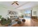 Cozy living room with stylish furniture, wood floors, and a sliding glass door to the backyard at 10619 N 38Th Ave, Phoenix, AZ 85029