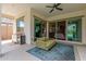 Covered patio with ceiling fan, outdoor kitchen, and view to backyard and pool at 18422 W Clinton St, Surprise, AZ 85388