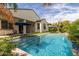 View of the sparkling pool and lush backyard, and the covered patio with a wet bar at 18422 W Clinton St, Surprise, AZ 85388