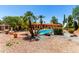 Private backyard oasis featuring a sparkling pool, slide, mature palm trees, and desert landscaping at 2232 E Inglewood St, Mesa, AZ 85213