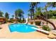 Backyard pool area with diving board and slide, surrounded by palm trees and lush landscaping at 2232 E Inglewood St, Mesa, AZ 85213