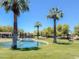 Picturesque pond with palm trees, a bridge, and green spaces for community enjoyment at 3104 E Broadway Rd # 212, Mesa, AZ 85204