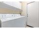 Functional laundry room featuring a washer, a dryer, white cabinets, and a door at 3207 E Behrend Dr, Phoenix, AZ 85050