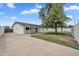 Expansive backyard with a covered patio, mature trees, large driveway, and a white privacy fence at 3307 N Apollo Dr, Chandler, AZ 85224