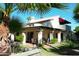 Charming backyard featuring a covered patio with seating, lush greenery, and mature palm trees at 9430 S 47Th Pl, Phoenix, AZ 85044