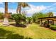 Green backyard featuring palm trees, grass, manicured landscaping, and a covered patio area at 9430 S 47Th Pl, Phoenix, AZ 85044