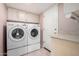 Functional laundry room with a washer, dryer, overhead cabinets, and countertop space at 9430 S 47Th Pl, Phoenix, AZ 85044