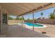 Covered patio with a view of the private pool, desert landscaping, and block fence at 701 W Mesquite St, Chandler, AZ 85225