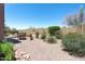 Beautifully landscaped backyard with desert plants, a paved pathway, and a seating area at 7144 E San Cristobal Way, Gold Canyon, AZ 85118