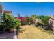 Spacious backyard with grass, plants, flowers, planters, and a brick wall providing privacy at 170 E Canary Ct, San Tan Valley, AZ 85143