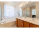 Bright bathroom featuring double sinks, a large mirror, and a soaking tub under a window at 170 E Canary Ct, San Tan Valley, AZ 85143