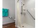 Modern bathroom with a walk-in shower, safety grab bars, and stylish teal towels at 18650 N 91St Ave # 3301, Peoria, AZ 85382