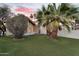 Beautifully landscaped backyard with artificial turf, mature landscaping, and a charming home exterior at sunset at 1940 E Citation Ln, Tempe, AZ 85284