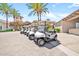 Several golf carts lined up against a backdrop of palm trees and the building's facade at 27606 W Tonopah Dr, Buckeye, AZ 85396