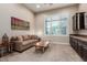 Living room area featuring brown sofa and neutral color walls with big windows at 37301 N 99Th St, Scottsdale, AZ 85262