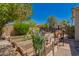 Expansive backyard with raised garden beds, patio, seating and privacy fence at 6031 N Milano Ct, Litchfield Park, AZ 85340