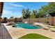 Backyard pool area with a diving board, basketball hoop, and lush landscaping in a desert setting at 10758 E Lobo Ave, Mesa, AZ 85209