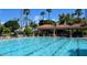Community pool with umbrellas and lounge chairs surrounded by palm trees and covered pavilion at 1633 E Lakeside Dr # 154, Gilbert, AZ 85234