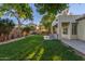 Beautiful backyard featuring a well-manicured lawn, mature trees, a covered patio, and a stainless steel grill at 2045 E San Carlos Pl, Chandler, AZ 85249
