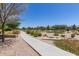 Long sidewalk lined with flowering bushes and desert landscaping in front of single Gathering homes at 23179 S 225Th Pl, Queen Creek, AZ 85142