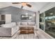 Comfortable living room with a ceiling fan, large sliding doors, and an area rug at 5624 W Villa Theresa Dr, Glendale, AZ 85308