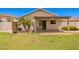 Well-maintained backyard with a covered patio, palm tree, and mature landscaping at 13824 N 148Th Ln, Surprise, AZ 85379