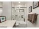 Bright bathroom featuring a shower over bath with subway tile and a modern vanity at 18021 N 53Rd St, Scottsdale, AZ 85254