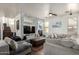Spacious living room with modern decor, stone fireplace, and lots of comfy seating at 1835 S Rockwell St, Gilbert, AZ 85295