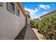 Exterior shot of a charming home with a walkway bordered by mature shrubs and desert landscaping at 2615 W Silver Streak Way, San Tan Valley, AZ 85144