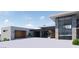 Front exterior of a modern home featuring stone, glass, and wood accents surrounded by desert landscaping at 3648 N Sky Point Cir, Mesa, AZ 85207