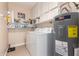 Laundry room including washer, dryer, water heater, and shelving for storage at 5037 N 81St St, Scottsdale, AZ 85250