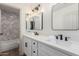 Modern bathroom featuring dual sinks, quartz countertops, and tile accents at 1591 S Sycamore Pl, Chandler, AZ 85286