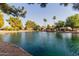 Scenic community lake view, featuring well-manicured lawns, trees, and waterfront homes at 1591 S Sycamore Pl, Chandler, AZ 85286