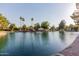 Relaxing community lake scene with lush greenery, mature trees, and beautiful waterfront properties at 1591 S Sycamore Pl, Chandler, AZ 85286