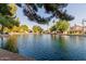 Picturesque view of a serene community lake, lined with mature trees and beautiful homes at 1591 S Sycamore Pl, Chandler, AZ 85286
