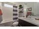 Bright bathroom featuring a modern vanity, a tub/shower, and decorative shelves at 6931 W Spur Dr, Peoria, AZ 85383