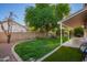 Expansive backyard with lush grass, mature tree, covered patio, and outdoor seating, perfect for relaxation and entertaining at 736 S Winthrop Cir, Mesa, AZ 85204