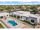 High angle view of home and grounds, featuring modern architectural design with an in-ground pool at 9611 E Clinton St, Scottsdale, AZ 85260