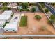 Aerial view showcasing the modern home, pool, and large lot with new grass at 9611 E Clinton St, Scottsdale, AZ 85260